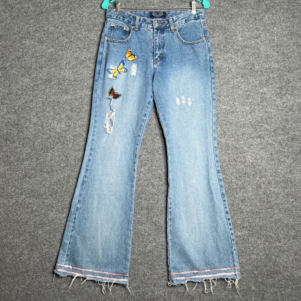Vintage Y2K Angels Butterfly Embroidered Flare Jeans Distressed Frayed Hem Sz 9